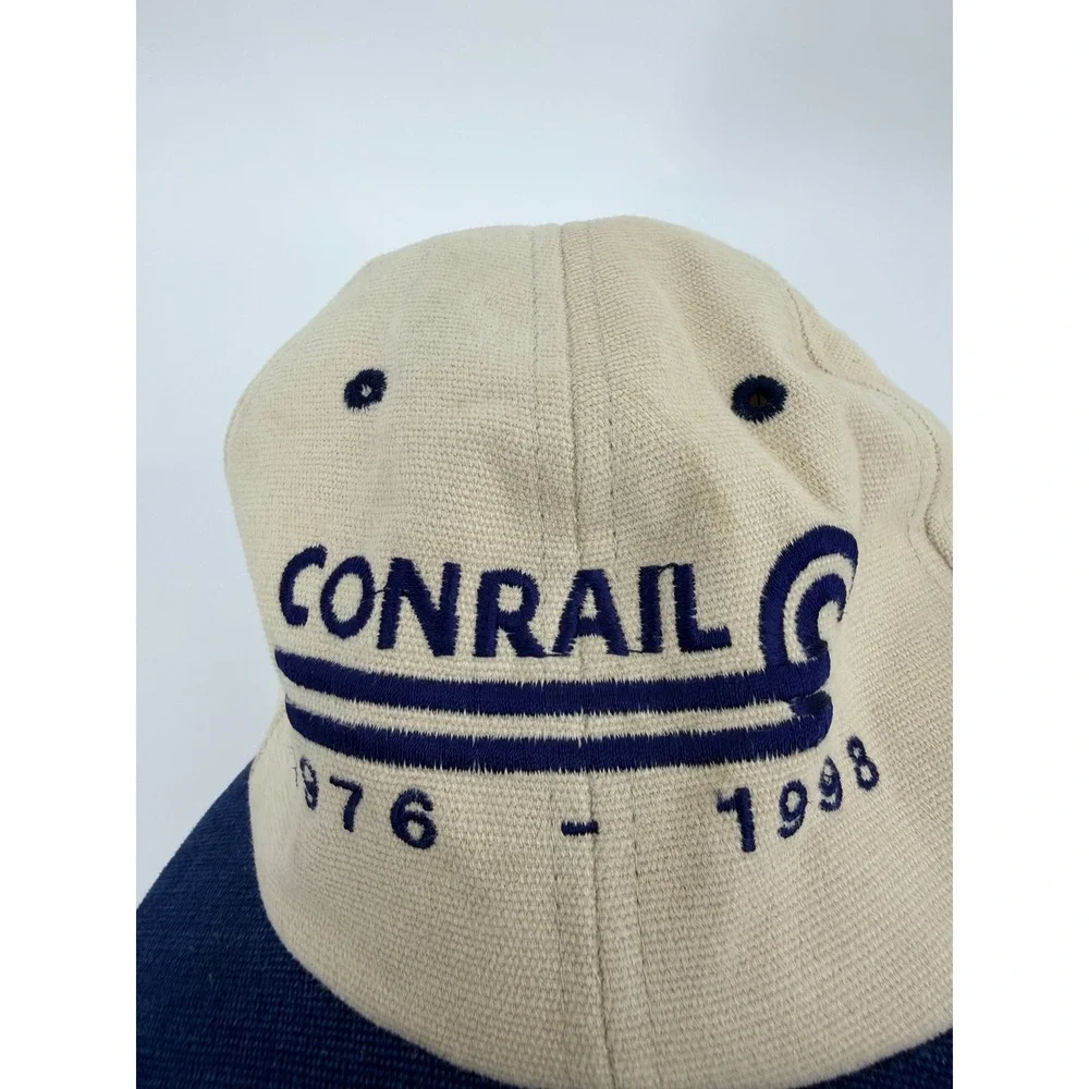 Vintage Conrail 1976-1998 Strapback Hat Beige Navy Blue Railroad Cap Mens